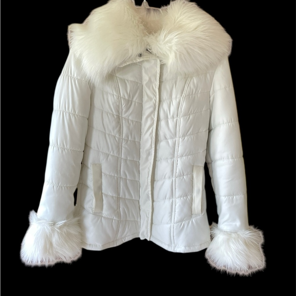 INC International Concepts White Puffer Jacket with Removable Faux Fur Trim
